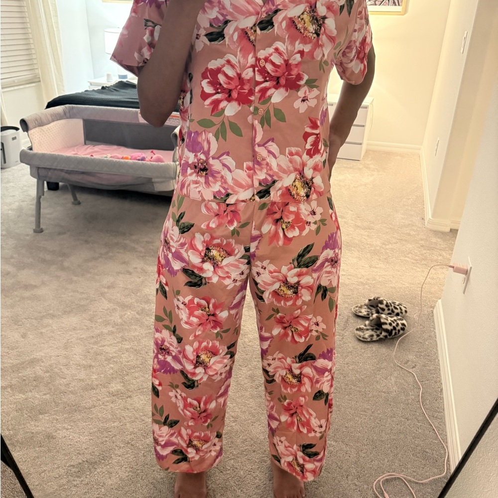 Pink and White Floral Pajama Set with Relaxed Fit